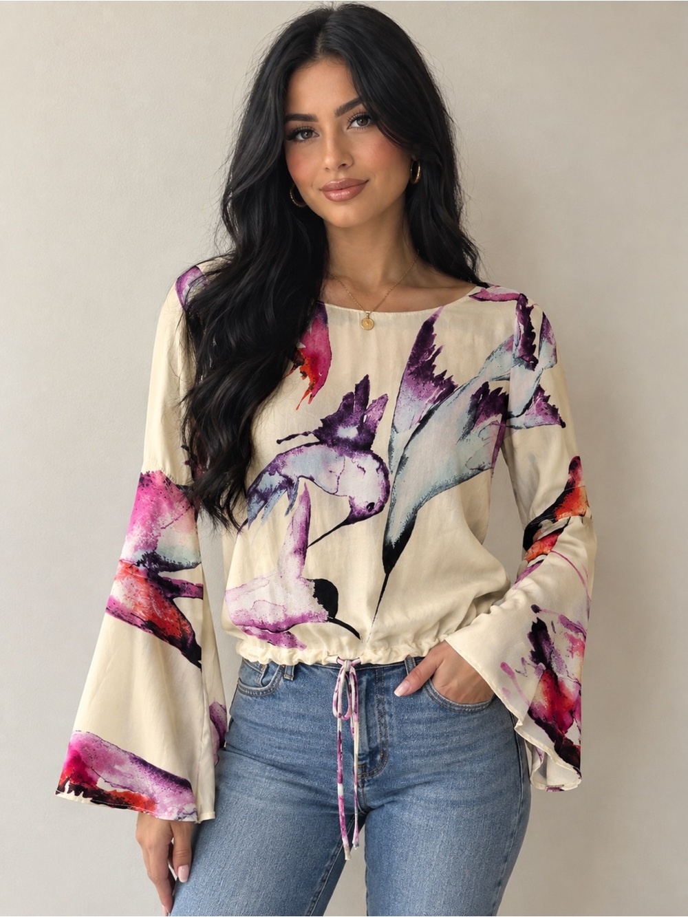 Floral Watercolor Tie-Hem Blouse - Cream/Purple Pink